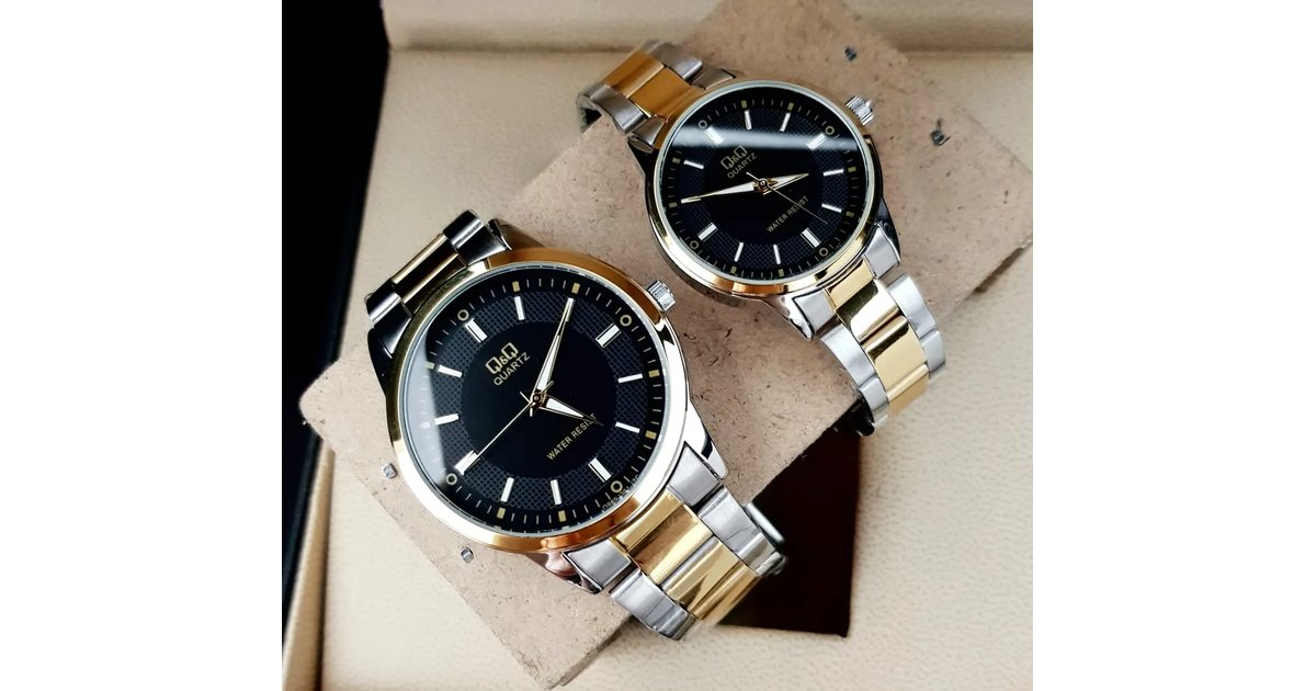 Combo Relojes Pareja Duo QQ Acero Quartz - Un Hermoso Regalo a la Elegancia - Dorado/Plateado/Negro