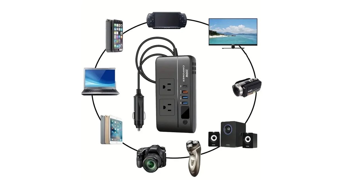 Inversor De Corriente Para Carro De 200w CARPOWER 2 Enchufes 110V 3 Puertos USB Indicador de Carga Inteligente
