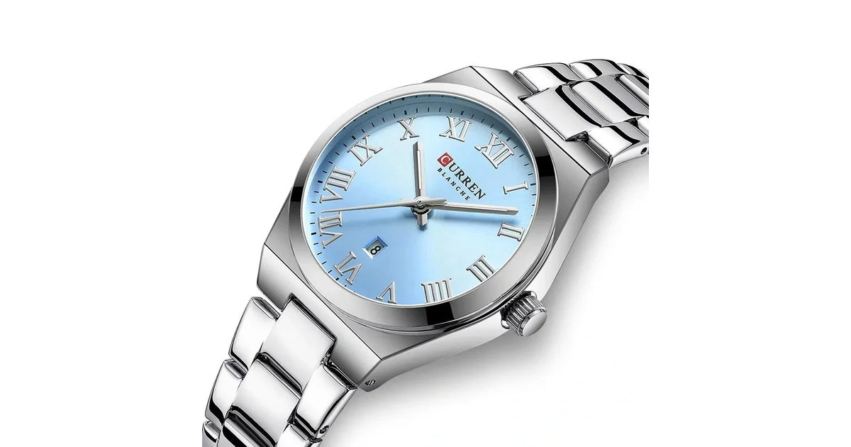Reloj de dama Curren 9095 Plateado-Celeste Original Elegancia Estilo Presencia Mujer