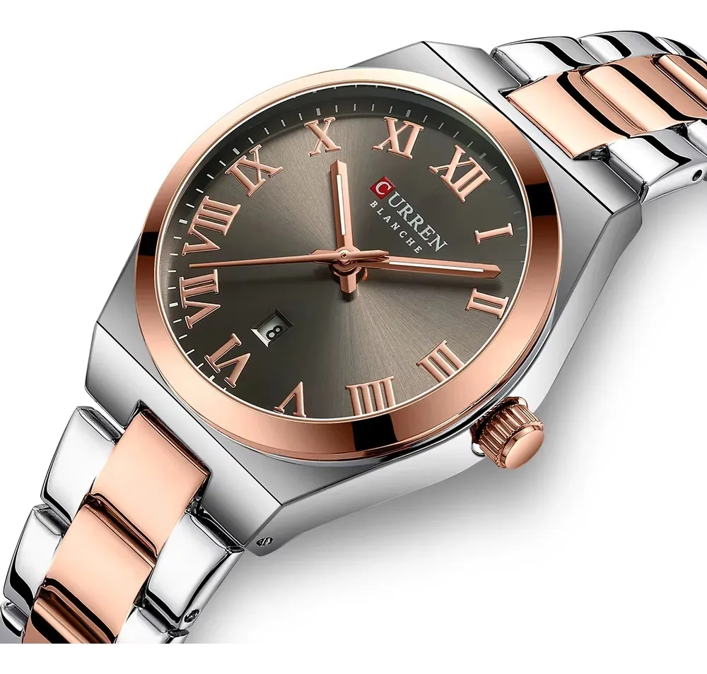 Reloj de dama Curren 9095 Plateado-Café Original Elegancia Estilo Presencia Mujer