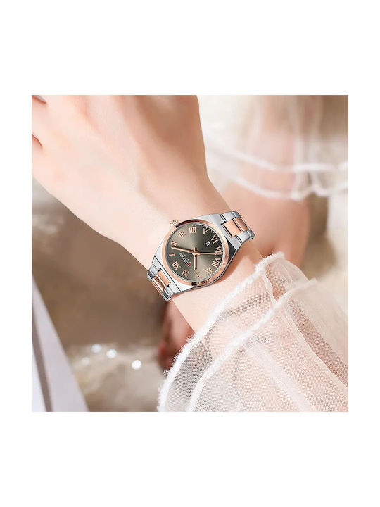 Reloj de dama Curren 9095 Plateado-Café Original Elegancia Estilo Presencia Mujer tienda gestos