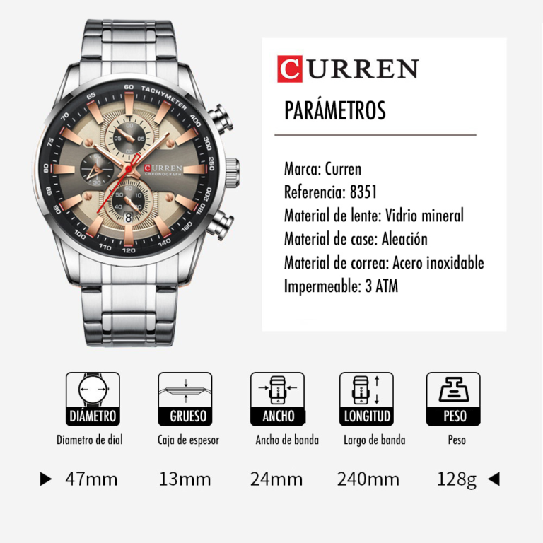 Reloj Curren 8351 Clásico Cuarzo NU Cronógrafo Para Hombre Plateado Beige - Imagen 7