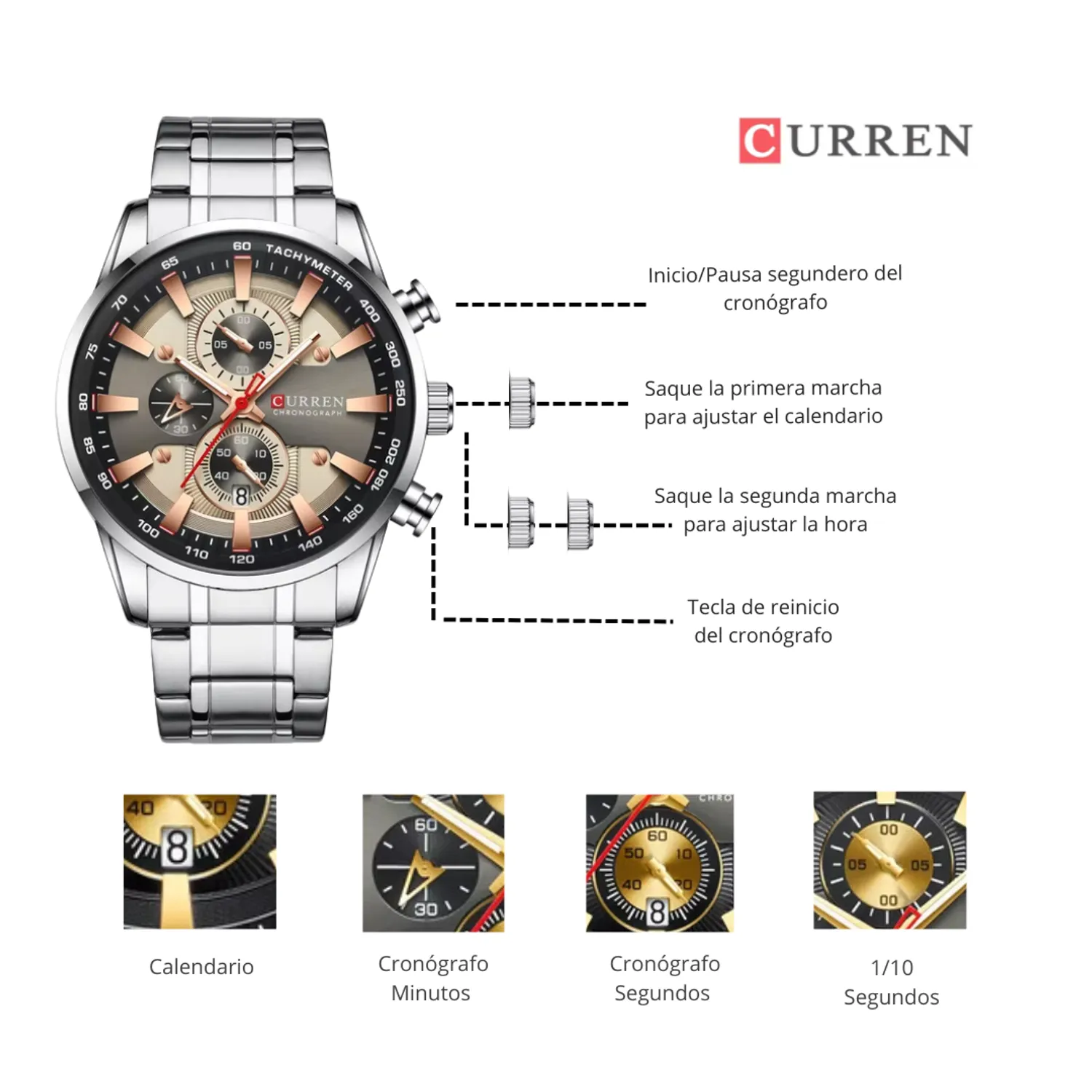 Reloj Curren 8351 Clásico Cuarzo NU Cronógrafo Para Hombre Plateado Beige - Imagen 4