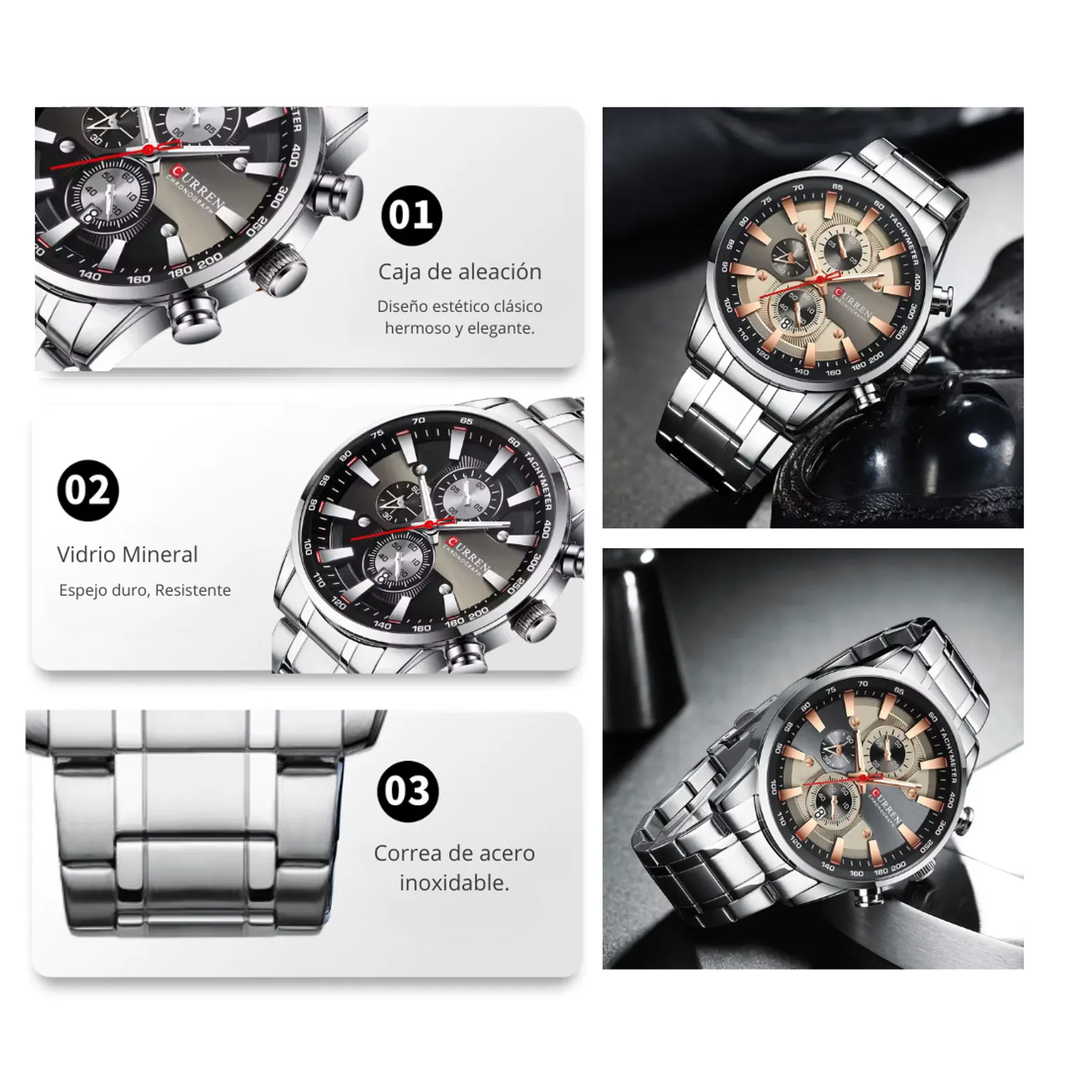 Reloj Curren 8351 Clásico Cuarzo NU Cronógrafo Para Hombre Plateado Beige - Imagen 3